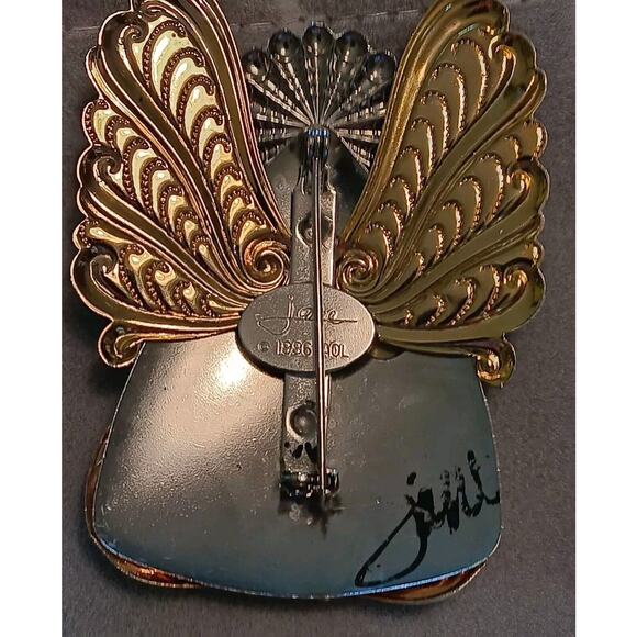 Jane Davis Signed Angel Faux Pearl Rhinestone Brooch Ribbon Mixed Metal - Picture 5 of 12
